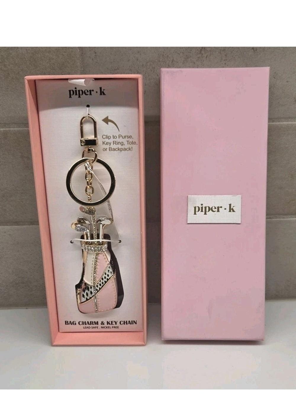 Piper K Golf Bag Keychain Bag Charm Pink with Rhinestones New In Box